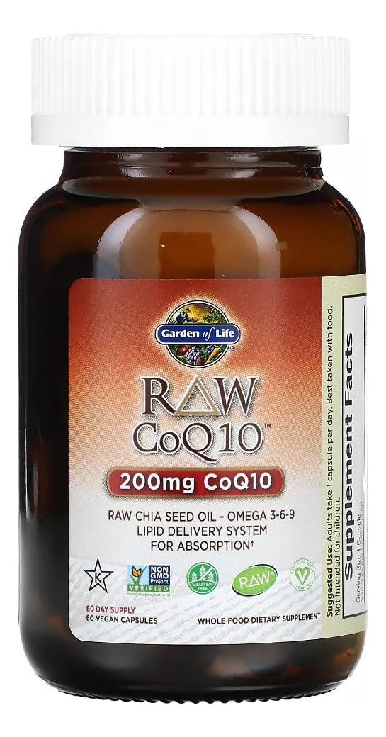 Garden of Life Raw CoQ10 200mg, with Omega 3 6 9 for Heart Health, 60ct | Vegetarian Omega 3 6 9 Supplement Raw Co Q 10 Chia Seed Oil, Whole Food Nutrition with Antioxidant Support, Coenzyme q10 Organic 60 Count (Pack of 1)