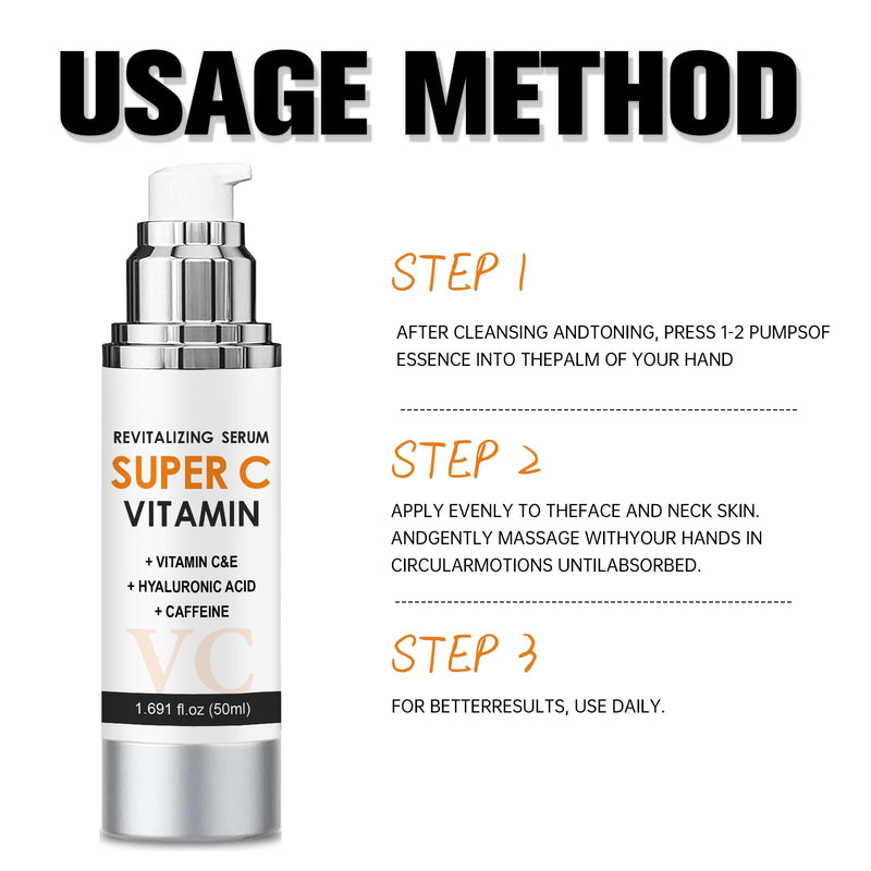 Vitamin C Serum for Face with Hyaluronic Acid & Vitamin E - Super C Revitalizing Face Serum for Anti-Aging - Reduces Wrinkles & Dullness for Radiant Skin - 1.69 fl.oz