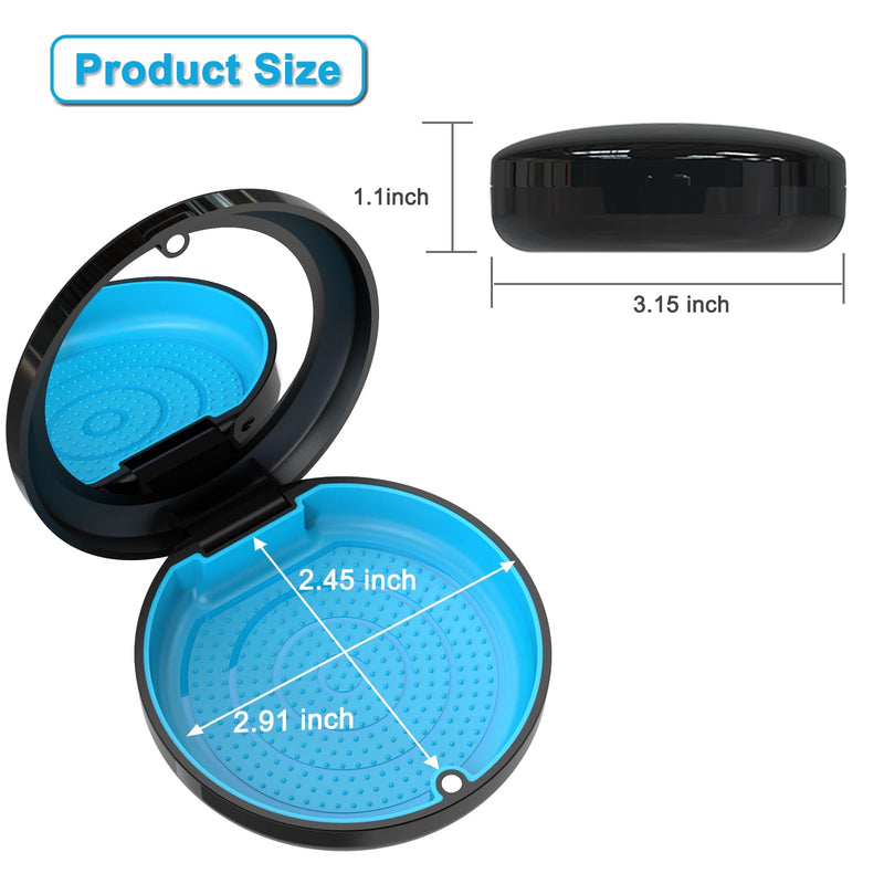 BVN Retainer Case with Mirror Denture Case Orthodontic Dental Case, Braces Case, Mouth Guard Case, Teeth Aligner Case, Night Guard Case Container Storage Holder Black. Circular case with mirror Black Shell+blue Silicone Pad
