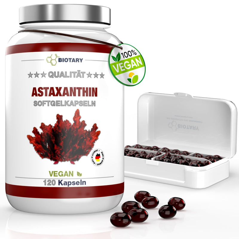 [Australia] - Biotary Astaxanthin 12mg, 8 month supply, 120 softgel capsules, vegan, with vitamin E, including pill box, high bioavailability, Haematococcus Pluvialis, super antioxidant 120 pieces (pack of 1) 