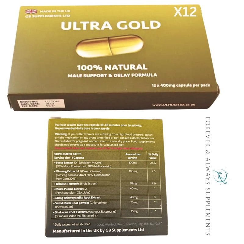 12 x Ultra Gold high Strength Capsules with Delay, 100% Herbal Supplement for Men! Stamina, Endurance Support etc