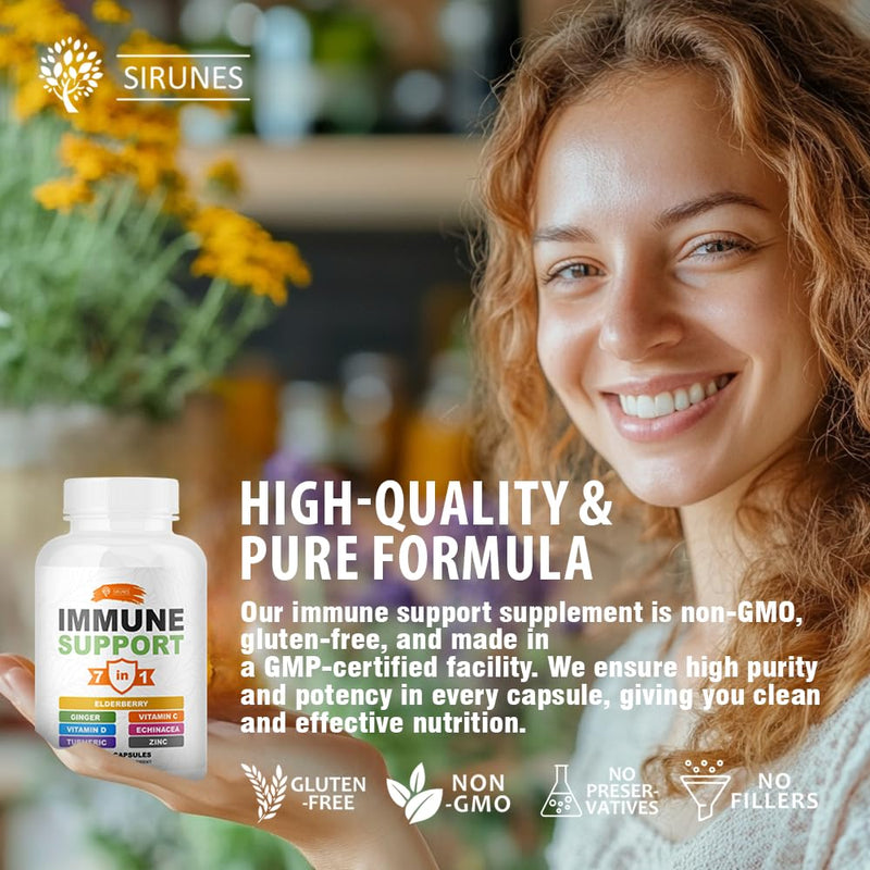 SIRUNES Immune Booster - Immunity Support Multivitamin with Vitamin C, D3, Elderberry, Zinc, Echinacea, Ginger & Turmeric - Antioxidant, Energy, Brain Health & Stress Relief (120 Capsules)
