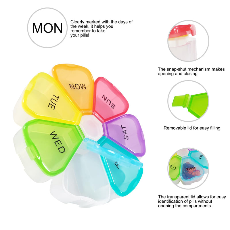 Quacc Weekly Pill Organizer Travel Pill Case, Sturdy Medcine Holder Rainbow | Portable Round Pill Container Box, Easy to Open and Fill, Large Compartments for Vitamin Fish Oil Pill Medication Supplement