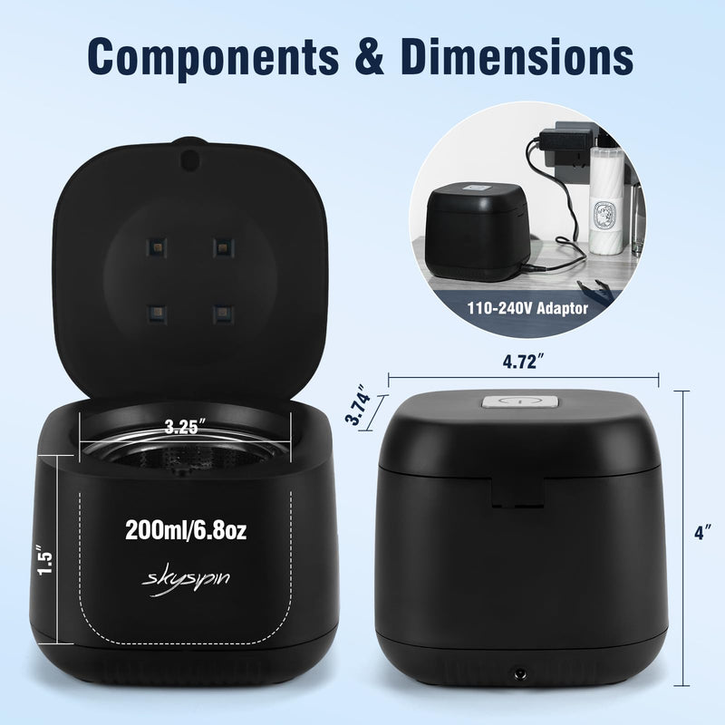 [Australia] - Ultrasonic Retainer Cleaner Machine U-V, 45KHz, 2 Modes Quiet, Denture Aligner Cleaner Dental Cleaning Pod Ultrasonic Cleaner for All Dental Appliances, Mouth Guard Jewelry 6.8oz Black 