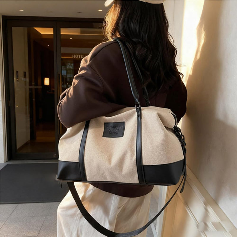 Travel Duffle Bag for Women, Canvas Carry On Weekender Overnight Bags with Wet Pocket, Gym Tote Bag for Business Trip Sports (Beige Black) Beige Black