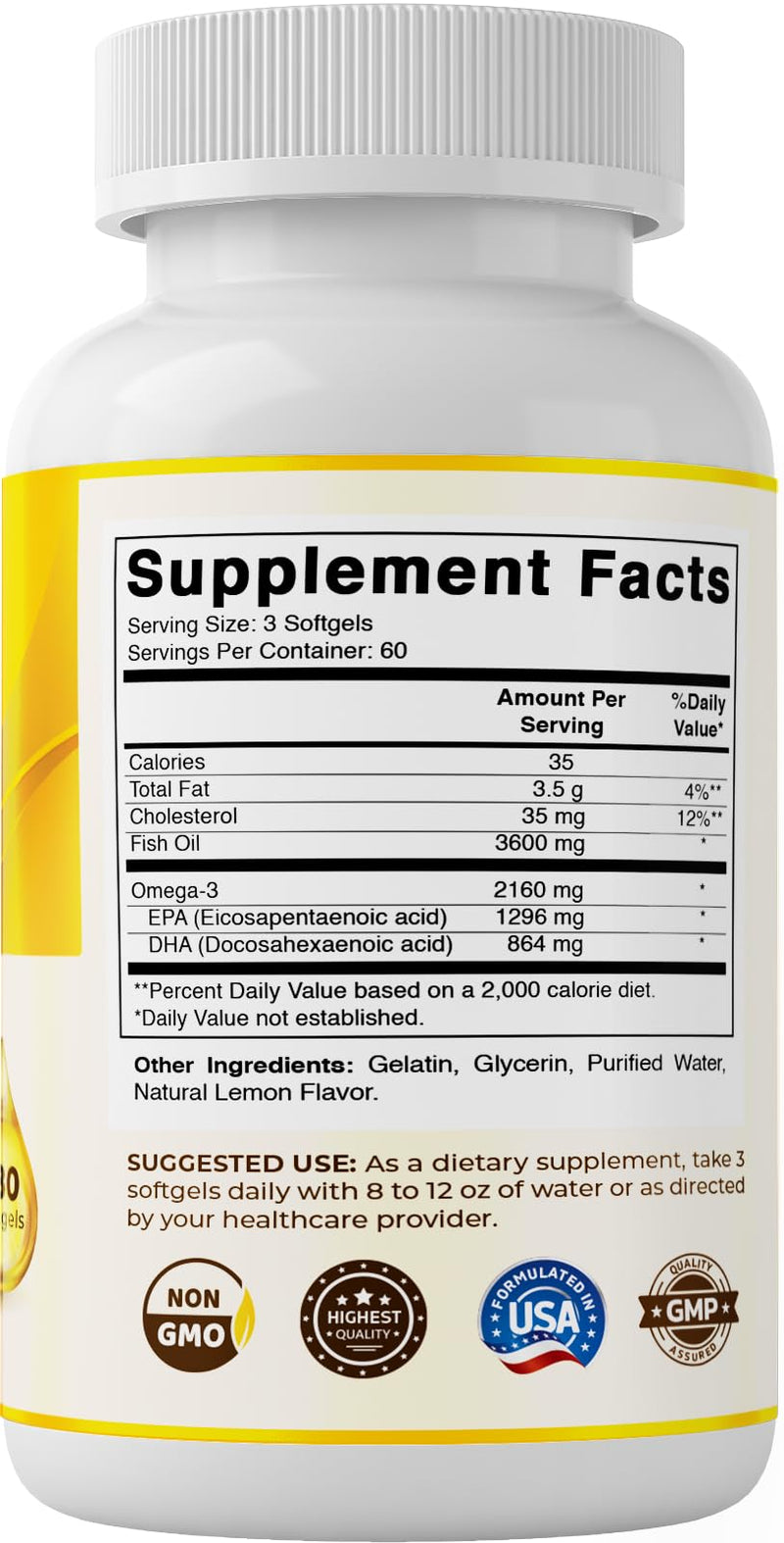 Vitamatic Triple Strength Omega 3 Fish Oil 3600mg Per Serving, 2160mg Omega 3 Fatty Acids, 1296mg EPA + 864mg DHA, Burpless Lemon Flavor, 180 Softgels