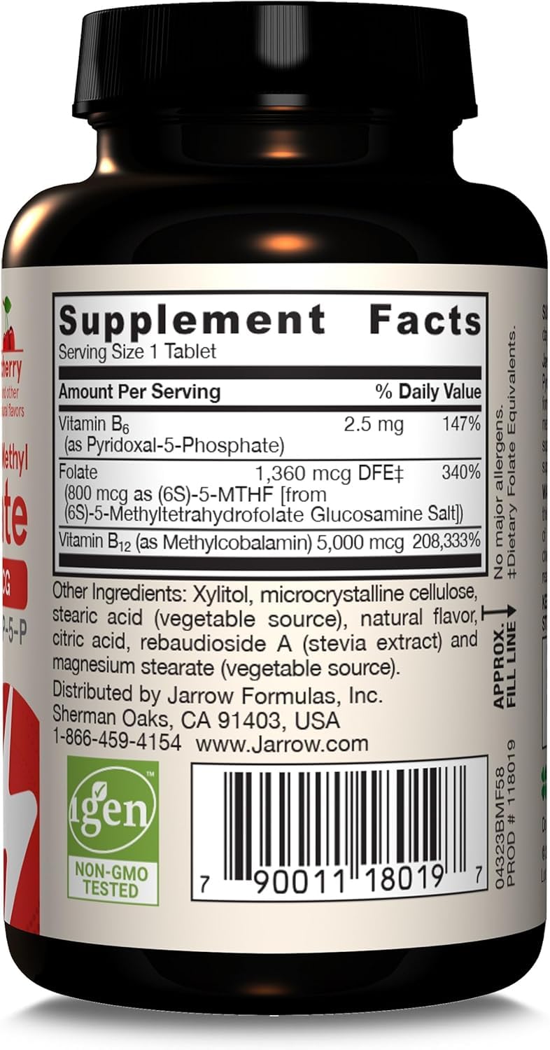 Jarrow Formulas Methyl B-12 & Methyl Folate, Bioactive Vitamin B9 and Vitamin B12 Supplement, Healthy Brain Function & Metabolism, 60 Chewable Tablets, 60 Servings (Pack of 2) Cherry 60 Count (Pack of 2)