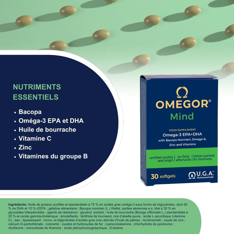 OMEGOR Mind Omega 3 and Bacopa Monnieri - Memory and Focus Supplement for Kids and Senior with Borage Oil, Zinc and Vitamin B (30 Capsules) 30 count (Pack of 1)