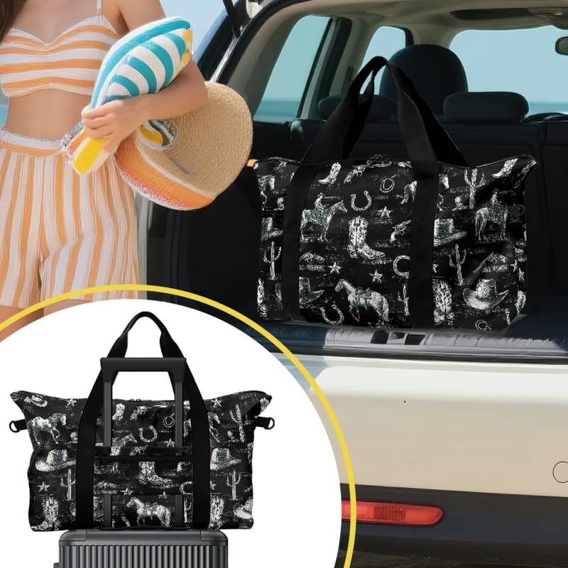 Western Horse Print Travel Duffel Tote Bag Foldable Carry On for Women, Cactus Cowboy Boots Pattern Lightweight Gym Bags for Sport, Road Trip Western Cow Boy Cactus