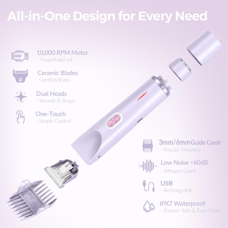 [Australia] - Bikini Trimmer for Women – 2-in-1 Electric Razor with Dual Heads, Ceramic Blades, Wet & Dry Use, USB Rechargeable, Skin-Friendly Shaver for Bikini Line, Underarms & Sensitive Areas – Lavender Purple 