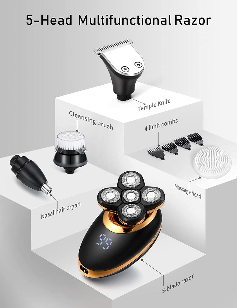 [Australia] - Electric Shavers for Men - 5 in 1 Bald Head Shavers for Men, 5D Floating Cordless USB Rechargeable Rotary Razor Multifunctional Grooming Kit Beard Trimmer Waterproof Wet and Dry with LED Display Gold 5d 