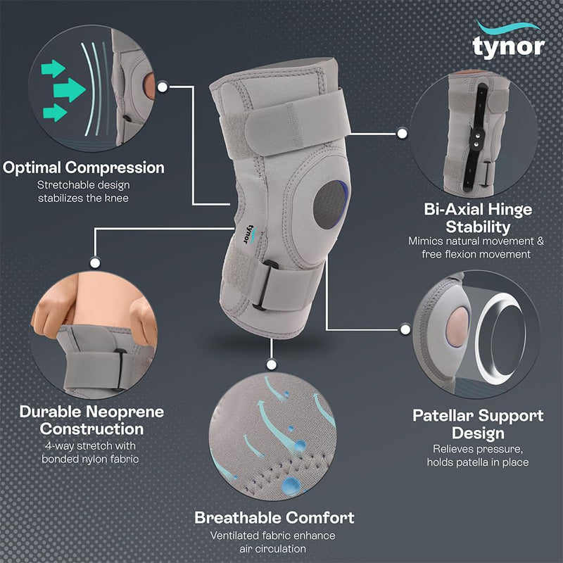 [Australia] - TYNOR Hinged Knee Brace with Double Strap Adjustable Neoprene Knee Support For Men & Women, Arthritis, Meniscus Tear, ACL with Open Patella with Removable Metal Hinges & Side Stabilizers (Small) S 