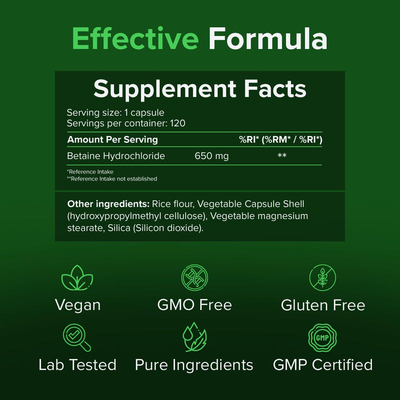 Betaine HCl 650mg – 120 Vegan Capsules | High Strength Betaine Hydrochloride | Supports Stomach Acidity & Protein Digestion | Digestive Support | 4 Months Supply | Raw Powders