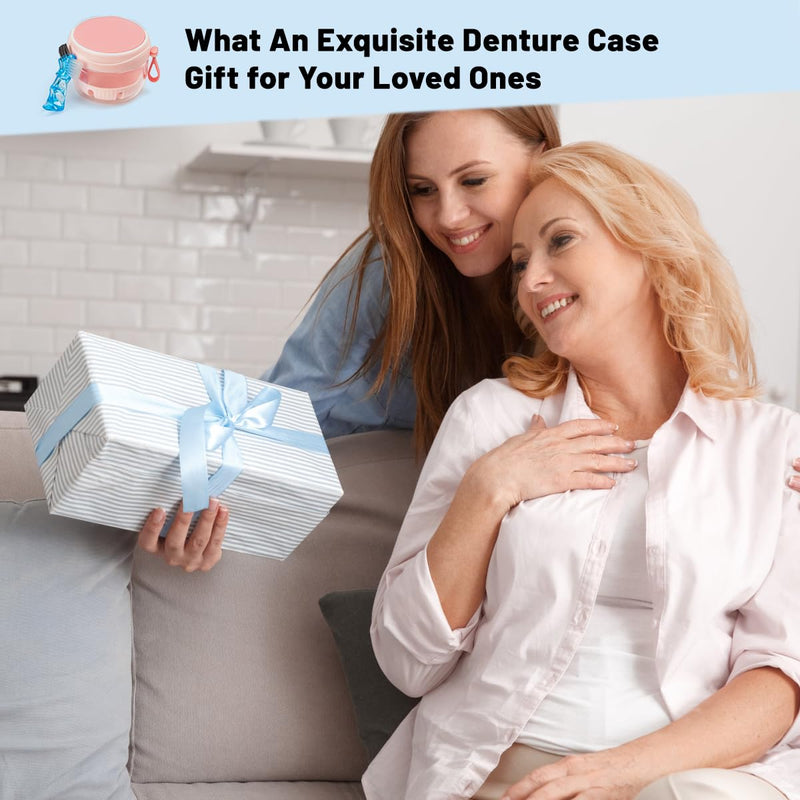[Australia] - Denture Case, Leak Proof Denture Bath Cup for Travel, Pink Denture Container Cups for Soaking Full & Partial Dentures, Retainers, Mouth Guard with Denture Cleaner Brush, Aligner Removal Tool 