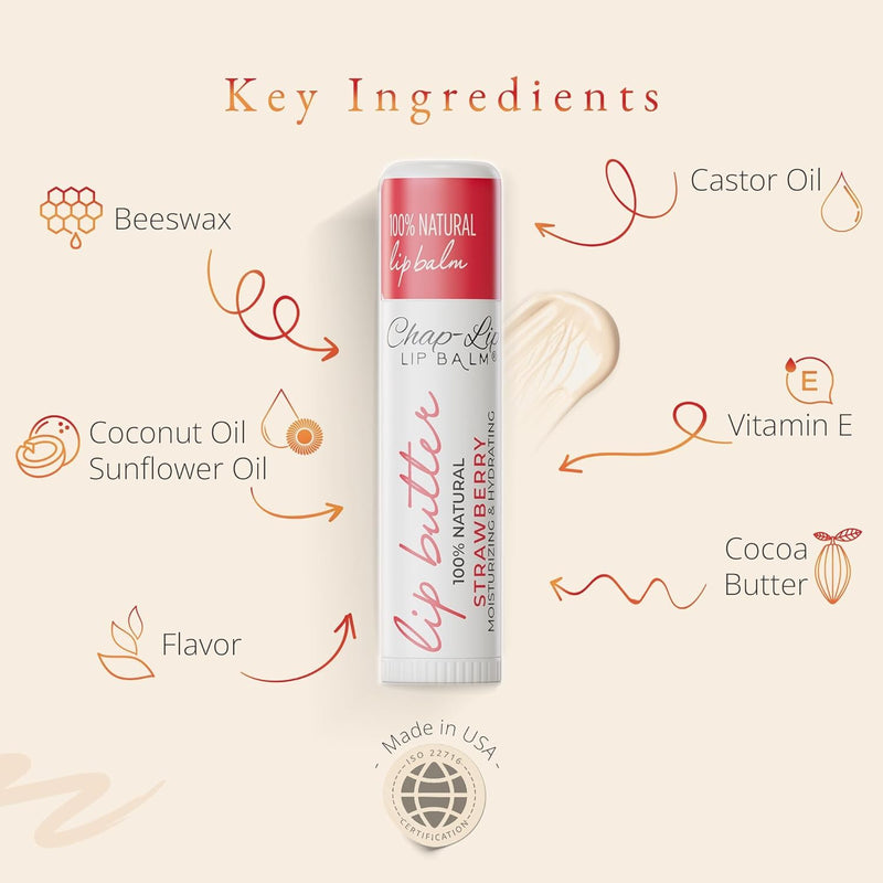CHAP-LIP Lip Balm 48 Ct. with Fruit Flavors, Cocoa Butter, Coconut Oil Dermatologist Tested Moisturizing Vitamin E & Total Hydration Treatment & Soothing Lip Therapy 100% natural Made In USA 48 Count (Pack of 1)