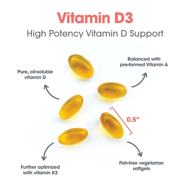 ARG Vitamin D3 Complete 5000 Bone Health, 120 Capsules | Delivers 125 mcg Vitamin D3 with Vitamins A and K2 for Bone Strength, Immune Balance and Healthy Mindset