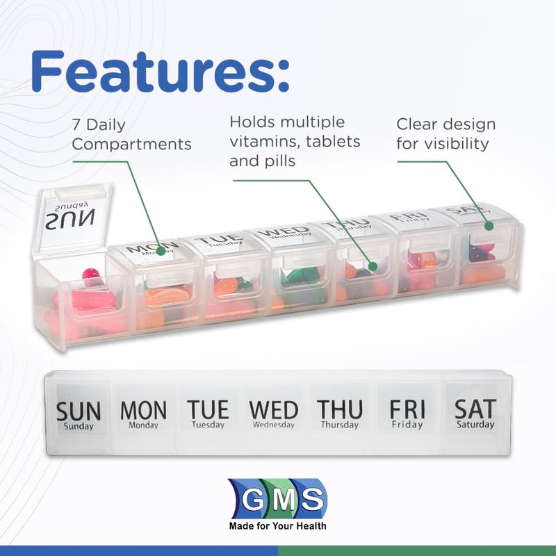 GMS Weekly Pill Organizer - 7-Day Labeled Compartment Pill Case for Supplements, Vitamins and Medication - Secure Latches - Ideal for Daily Use & Travel - Clear 1