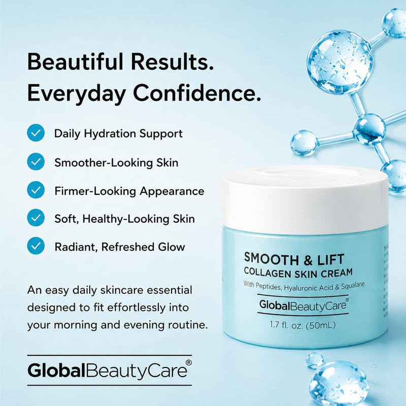 Global Beauty Care Smooth & Lift Collagen Skin Cream - Hydrating Face Moisturizer to Support Skin Elasticity with Peptides, Hyaluronic Acid, Squalane, Niacinamide & Vitamin E, 1.7 fl oz (3 Pack) 0.57 Fl Oz (Pack of 3)