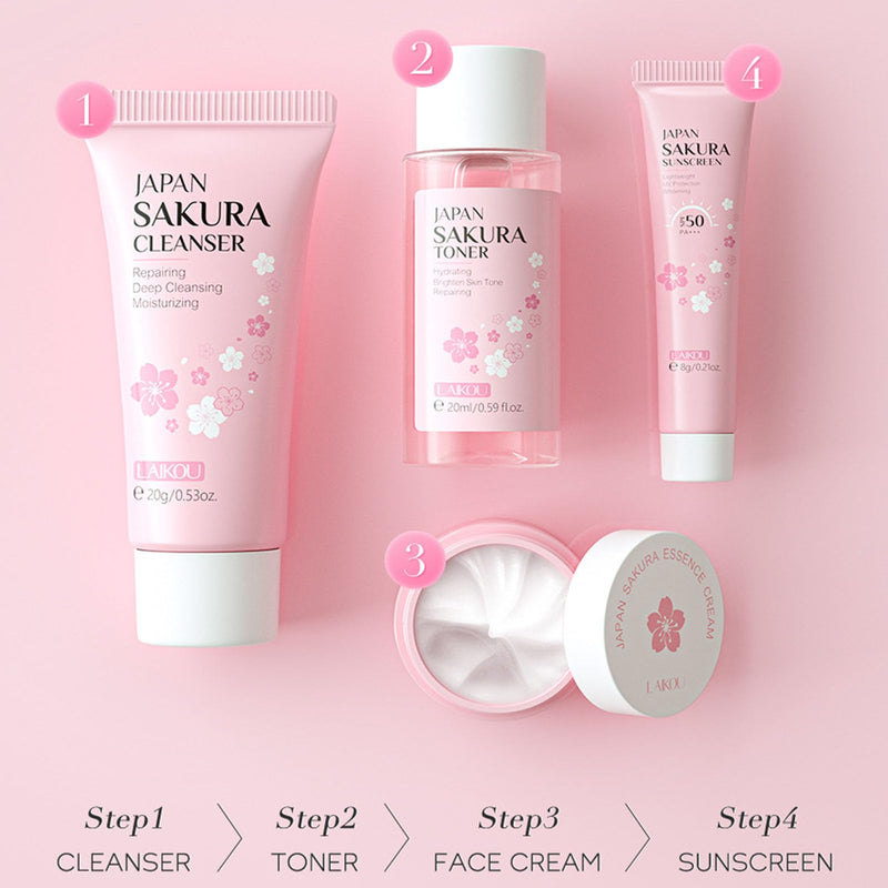 [Australia] - Sakura Travel Skincare Set for Teenage Girls - Face Routine Set for Women,4 Piece Gentle Skin Cleaning & Care Travel Size Kit With Cleanser, Toner, sunscreen and Face Cream 