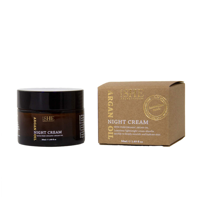 SHE Aromatherapy Argan Oil Night Cream 1.69fl oz - Nourishing and Hydrating, Smooths, Soothes and Softens, Organic Argan Oil, Vitamin E. Australian Made.