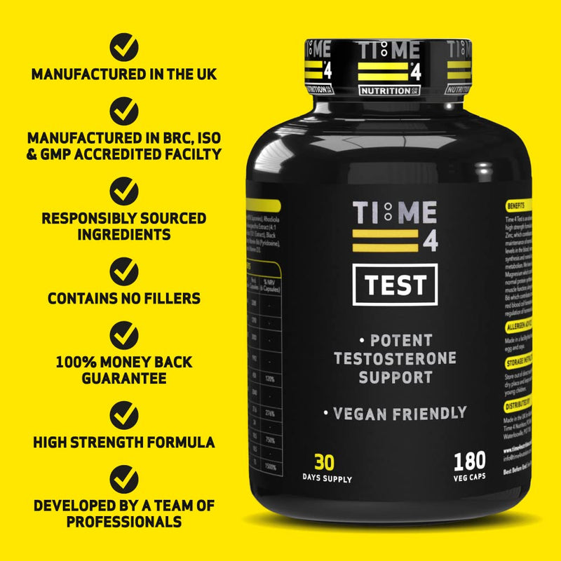 Time 4 Test – Testosterone Booster for Men, High Strength Testosterone Support, Vegan Testosterone Boosters Supplements, Build Lean Muscle, Burn Fat, Libido Booster – 180 Capsules, 30 Days Supply