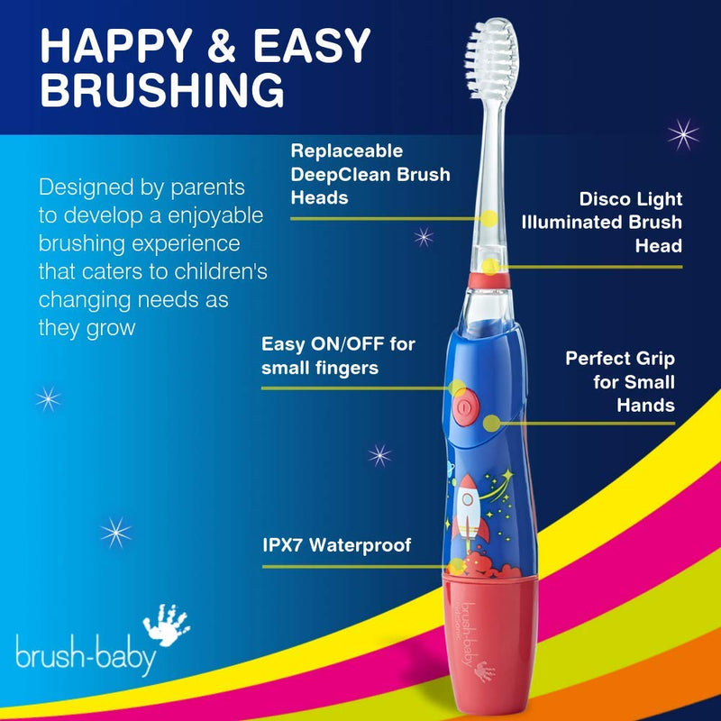 [Australia] - B07YVKSLHYBrush‚ÄëBaby - KidzSonic Rocket Kids Electric Toothbrush for Ages‚ÄØ3+ with Disco LED Lights, Gentle Sonic Vibrations, 2-Minute Smart Timer & 30‚ÄëSecond Pulse Reminders ‚Äì AAA Battery Included 