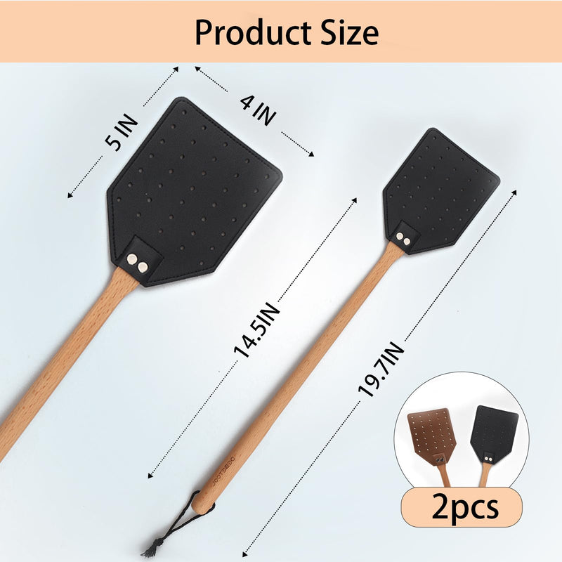 2 Pack Sturdy Leather Fly Swatter for Indoors - (19.7”)Long Handle Heavy Duty Wood Fly Swatter With Hanging Rope, Durable Fly Swatter for Outdoor Rustic Bug Swatter Flies,Mosquitoes And Bees Brown