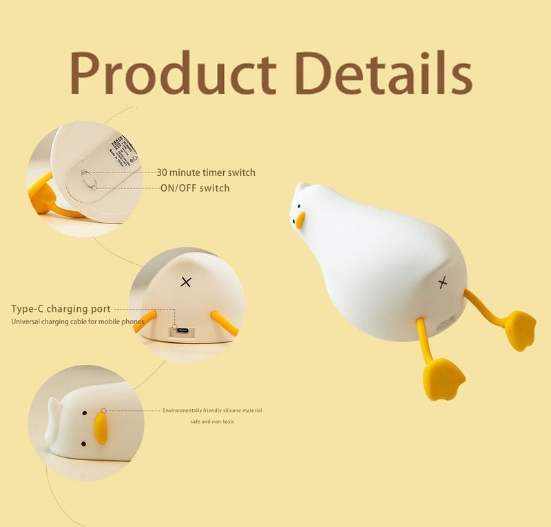 [Australia] - LED Lying Flat Duck Night Light, 3 Level Dimmable Nursery Nightlight,Cute Lamps Silicone Squishy Light Up Duck,Rechargeable Bedside Touch Lamp for Breastfeeding Toddler Baby Kids Decor A-Duck light 