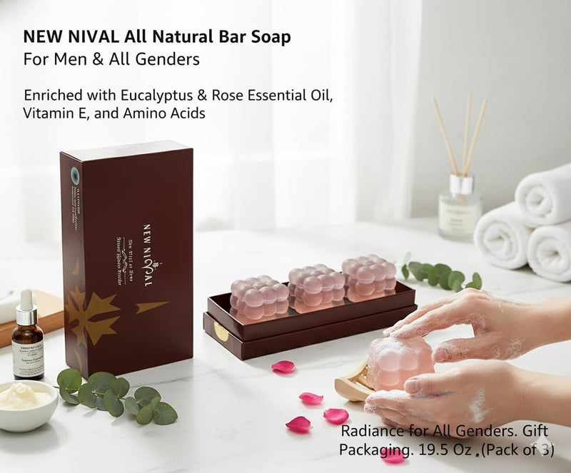 All Natural Bar Soap,Enriched with Eucalyptus & Rose Essential Oil,Vitamin E,Camellia Oil,and Amino Acids.Radiance for All Genders.Gift Packaging.19.5 Oz (Pack of 3) Rose+Eucalyptus Essential Oil