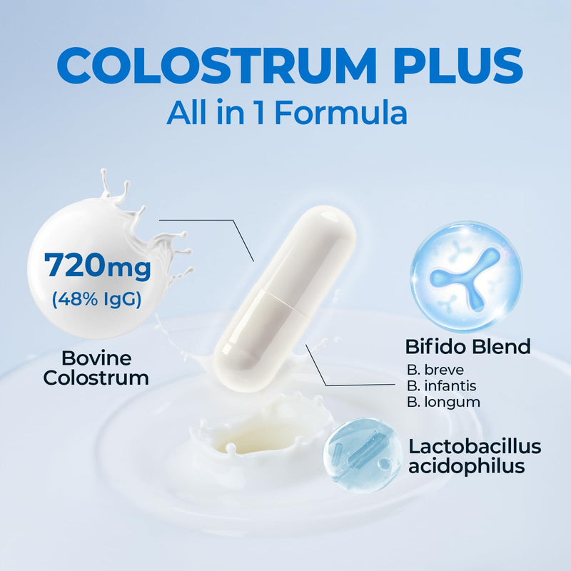 Colostrum Plus 48% IgG with Probiotics Supplement, Premium Bovine Colostrum from Grass-Fed Cows with Acidophilus & Bifido Probiotic Blend, 60 Vegan Capsules, Made in UK