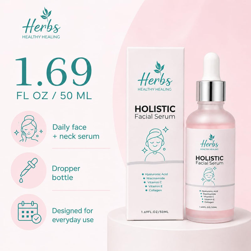 Herbs Healthy Healing Holistic Facial Serum for Face, Hydrating Face Serum with Hyaluronic Acid, Niacinamide, Vitamin C & E, Collagen, Lightweight Dropper Serum, 1.69 fl oz / 50 ml