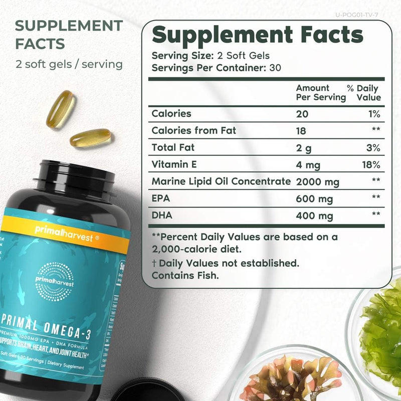 [Australia] - Primal Harvest Omega 3 Fish Oil Supplements, 30 Servings Soft Gels Capsules w/ 1000mg EPA + DHA Supplements, No Fishy Burps Non-GMO Omega 3 Fatty Acid 60 Count (Pack of 1) 