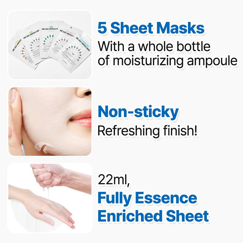 EUNYUL One Shot Ampoule Sheet Mask (10-Pack, 5 Types × 2 Sheets) | Hydrating & Soothing Facial Masks with Vitamin, Collagen, Cica, Aloe & Hyaluronic Acid