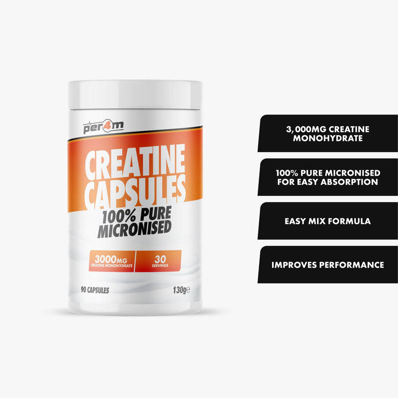 Per4m Creatine Powder | 100% Pure Micronised Creatine Monohydrate | 3000mg of Creatine | 30 Servings (90 Capsules, Unflavoured) 30 Servings (90 Capsules)