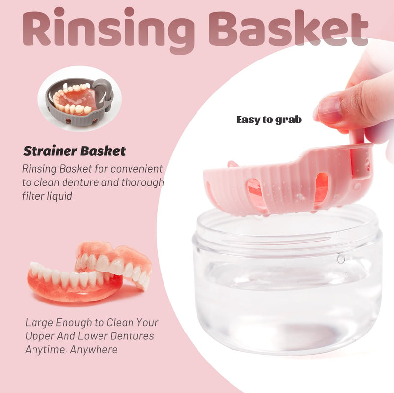 [Australia] - Denture Case, Leak Proof Denture Bath Cup for Travel, Pink Denture Container Cups for Soaking Full & Partial Dentures, Retainers, Mouth Guard with Denture Cleaner Brush, Aligner Removal Tool 
