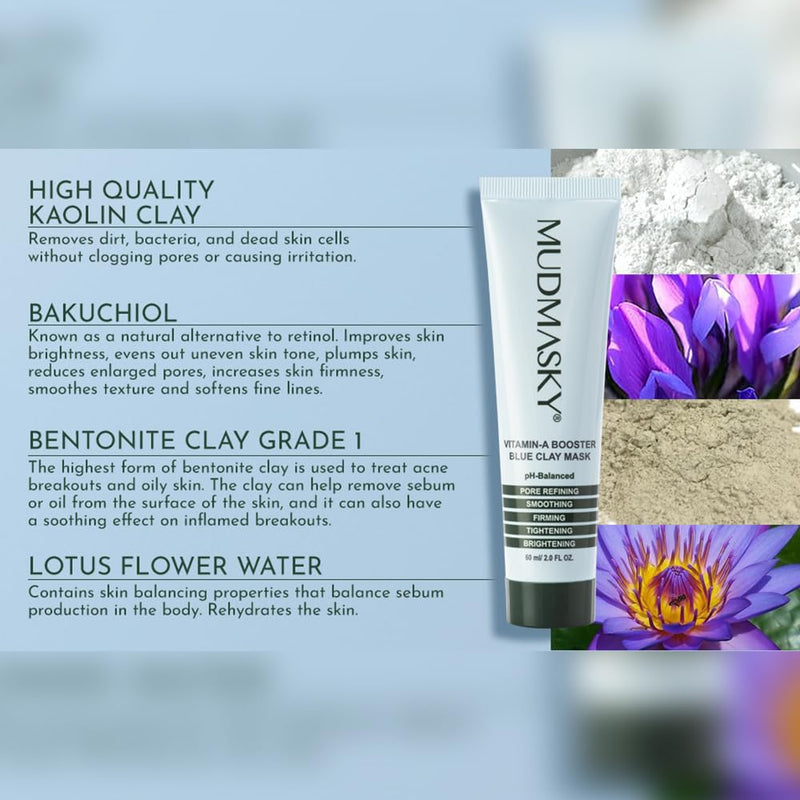 MUDMASKY Vitamin-A Booster Blue Clay Mask 60ml / 2.0FL - Natural Retinol Alternative with Bakuchiol, Skin Care for Pore Refinement, Tightening & Brightening - Fragrance-Free Beauty Face Mask