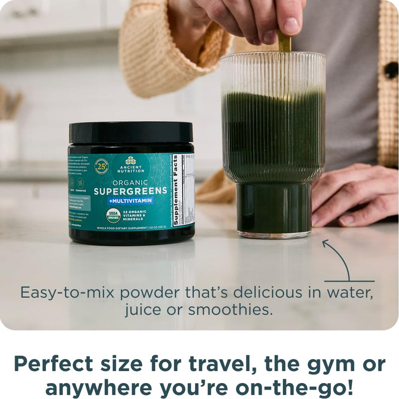 Ancient Nutrition Organic Super Greens + Multivitamins Powder | Vitamins + Made from Real Fruits, Vegetables and Herbs, for Digestive and Energy Support, 12 Servings