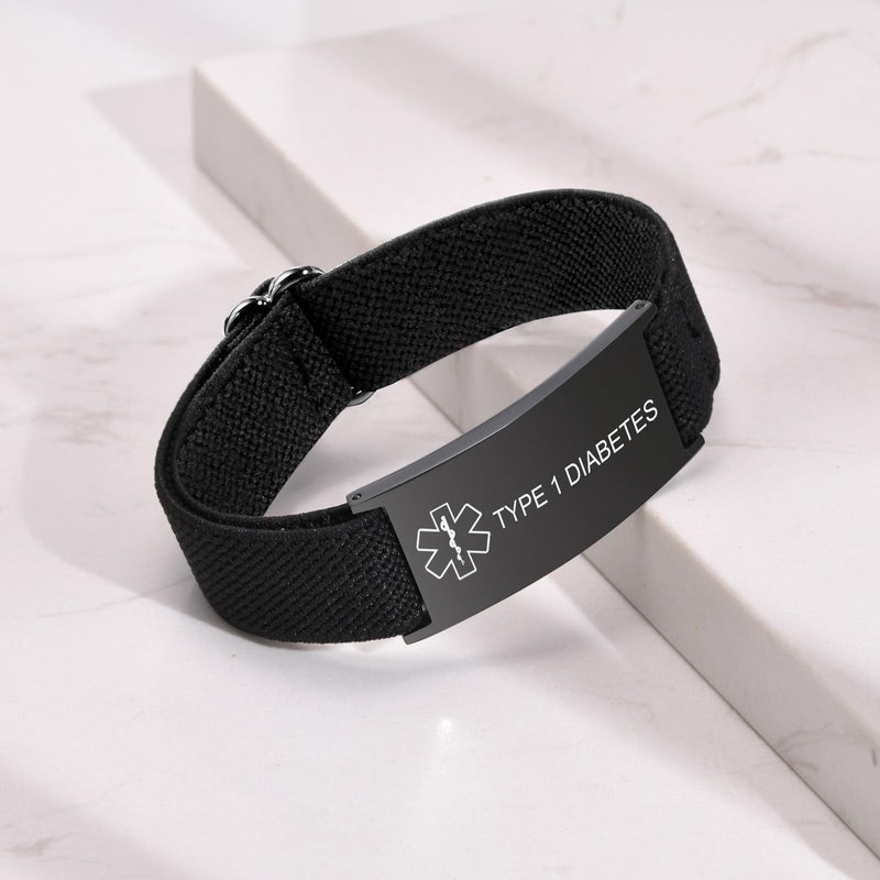 [Australia] - Personalized Medical Alert Bracelet for Men - Customized Elastic Strap Stainless Steel ID Bracelets Engraved Medic Info, Emergency Awareness Medic ID Bracelet for Autism Allergy Diabetic Epilepsy TYPE 1 DIABETES-black 