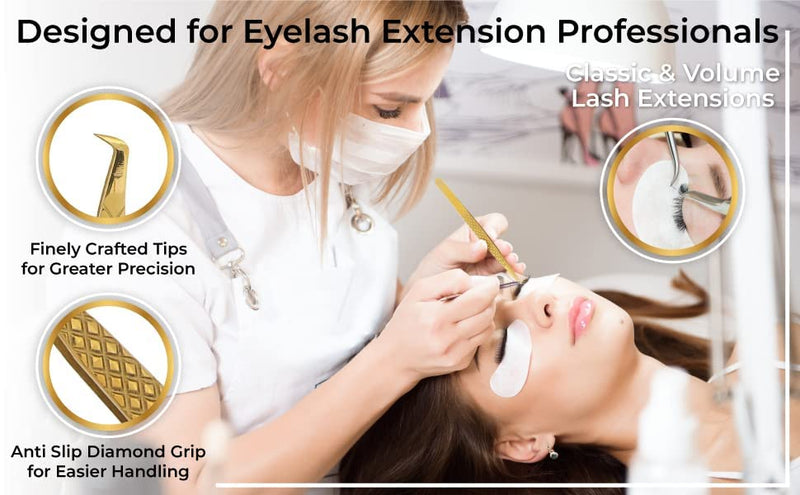 M LASH Tweezers for Eyelash Extensions (Set of 4) - Professional Lash Extension Tweezers - Fiber Tip, Japanese Steel, Diamond Grip Eyelash Extension Tweezer (Gold) Gold