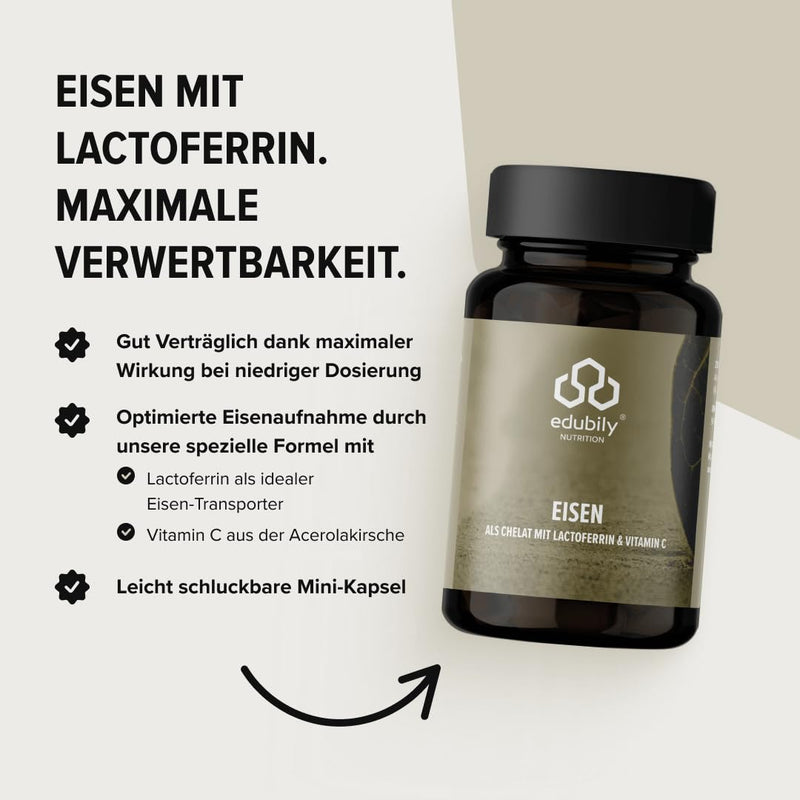 [Australia] - edubily nutrition® iron with lactoferrin. High-dose iron tablets with lactoferrin & vitamin C from acerola extract. 90 easy-to-swallow capsules in an amber glass. 