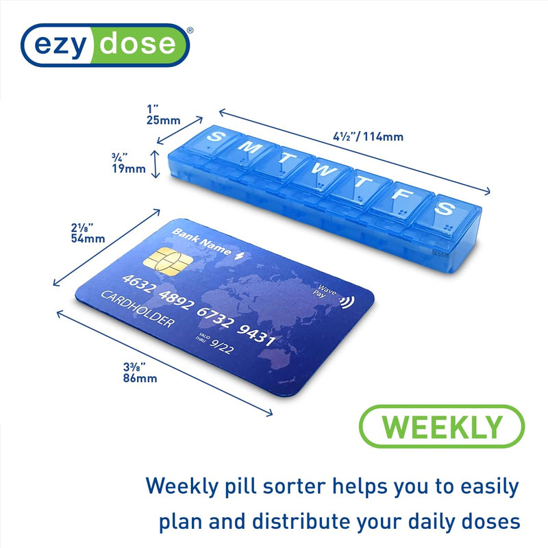 EZY DOSE Weekly (7-Day) Pill Case, Medicine Planner, Vitamin Organizer, Small Locking Compartments to Secure Prescription Medication and Prevent Accidental Spilling, Color May Vary, BPA Free Small (Pack of 1)