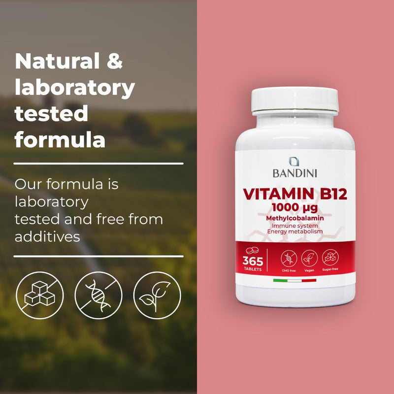 Bandini® Vitamin B12 High Strength | 365 Vegan Tablets for 1 Year's Supply | 1000 µg/mcg Methylcobalamin VIT B 12 | Energy Boost, Tiredness, Fatigue, Immunity Support | Non GMO, Laboratory Tested 400 count (Pack of 1)