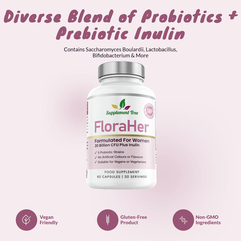 FloraHer Probiotics for Women – 20 Billion CFU with Inulin – Saccharomyces Boulardii, Lactobacillus & Bifidobacterium Blend – 60 Vegan Capsules, 30 Servings, UK Made 60 count (Pack of 1)