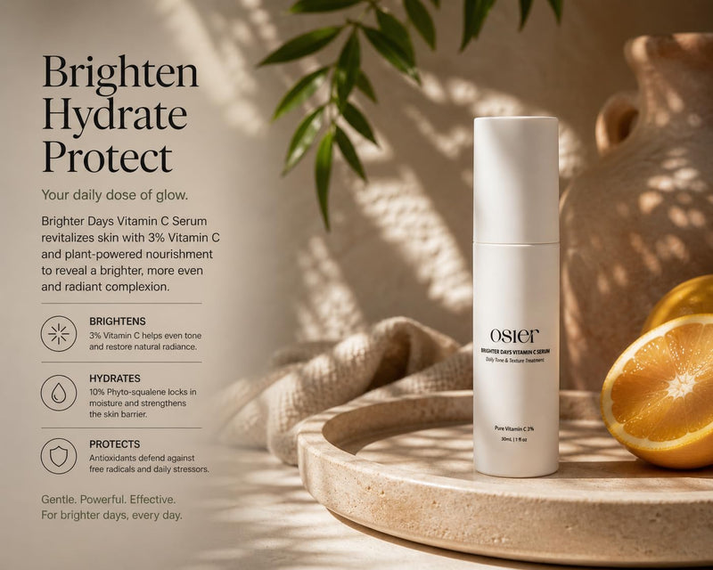 Osier Brighter Days Vitamin C Facial Serum, Korean Skincare, 1.7 fl oz | 3% Vitamin C • 10% phyto-squalene • hydrate skin • lightweight luxury • Korean skincare formula