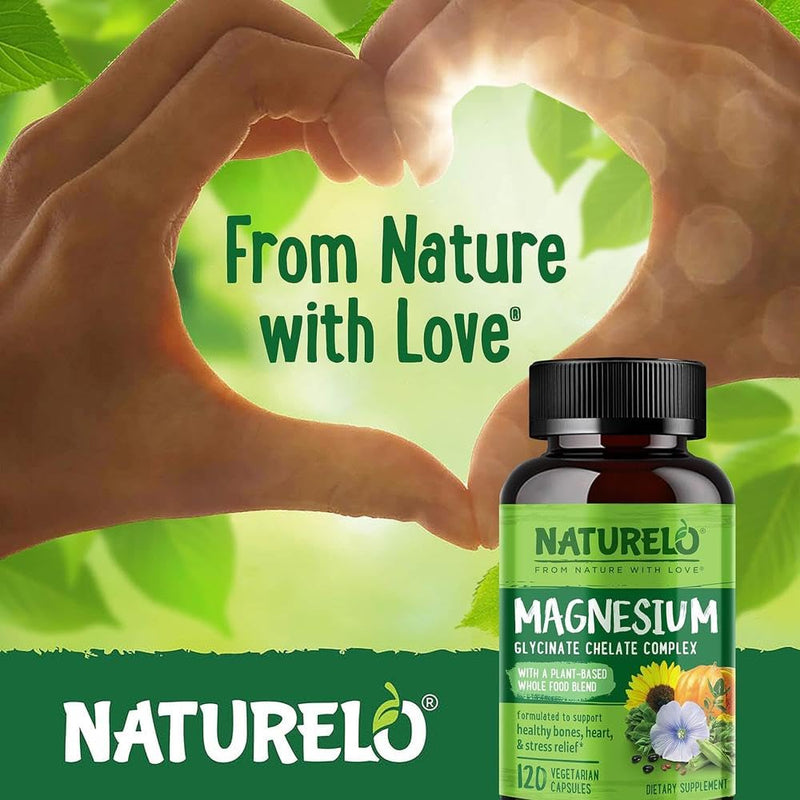 NATURELO Magnesium Glycinate Chelate Complex - 200 mg Magnesium with Whole Food Extracts to Support Energy, Nerves & Healthy Bones – 120 Vegan Capsules | 4 Month Supply 120 count (Pack of 1)