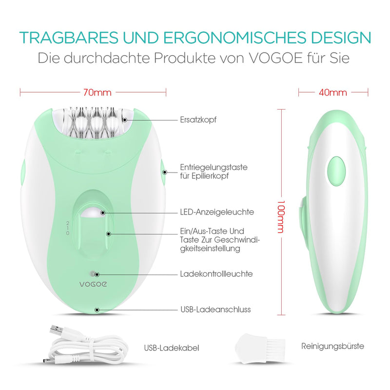 [Australia] - VOGOE Women's Epilator for Hair Removal, Body Epilator 4 in 1 Electric Wireless, 21 Tweezers for Face Legs Arms Bikini, HR310 Green 