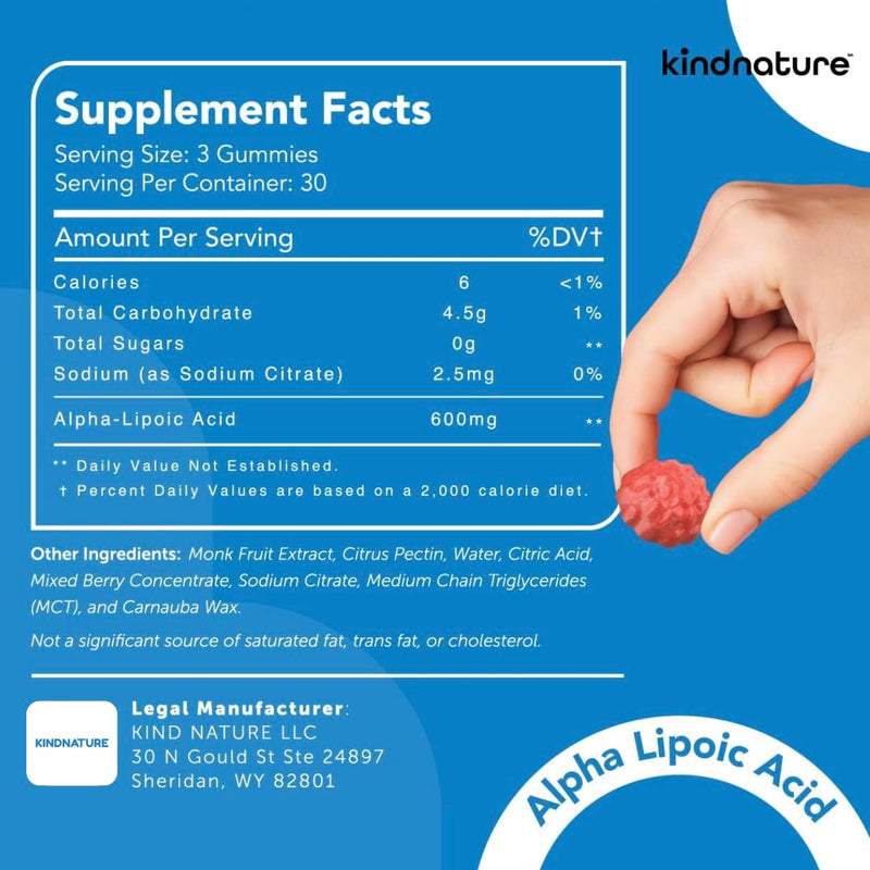 [Australia] - kindnature Alpha Lipoic Acid Gummies - Vegan, Sugar-Free, Low Calorie 600 mg ALA Supplement - Pure ALA Alpha Lipoic Acid 600mg for Antioxidant Support 