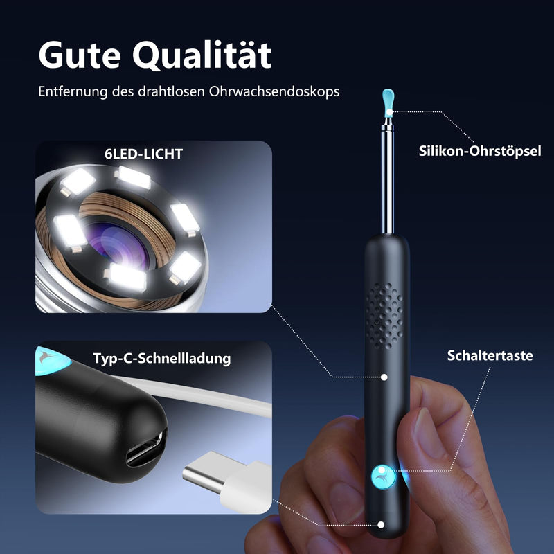 [Australia] - Earwax Remover Otoscope, 1080P HD WiFi Ear Cleaner Camera, 3.5mm Ear Camera with 6 LEDs, IP67 Waterproof Ear Mirror, 360° Wide Angle Otoscope Camera for Adults, Children, iOS, iPad, Android R1 Ultra Black 
