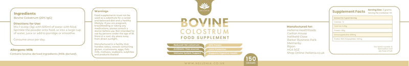 Pure Colostrum Powder - 150 Grams | 20% Immunoglobulins G | Freeze Dried, Reduced-Fat Colostrum | from Grass-fed Cows - Bovine Source | Made in The UK by Hellenia