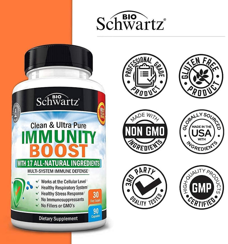[Australia] - BioSchwartz Immune Support Supplement with Vitamin C 1000mg Zinc Elderberry Extract Ginger Root Beta Carotenes, Immunity Boost for Adults, Natural Immune Defense Antioxidant Vitamins, 90 Capsules 90 Count (Pack of 1) 